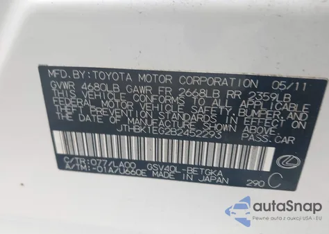 2011 Lexus Es 350 из США, поврежденный, VIN JTHBK1EG2B2452293